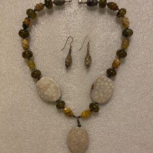 Fossil Coral, Dragon Scale Jade, Flower Jade Pendant Necklace and Earring Set